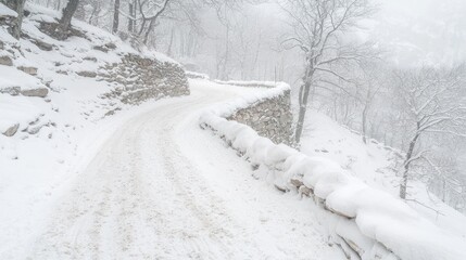 Fototapeta premium Snowy mountain road winding through winter forest