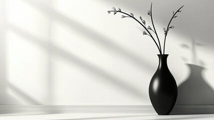 Black Vase with Minimalist Flower Arrangement in White Room