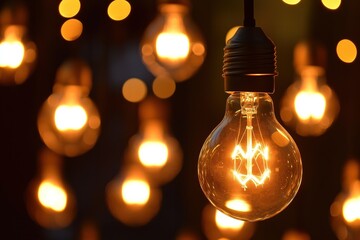 Tungsten filament light bulb shining brightly against bokeh background
