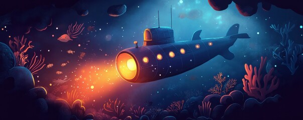 Obraz premium A submarine exploring the depths of the ocean, its lights illuminating the strange and beautiful creatures that live there.