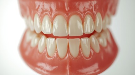 Obraz premium Close-up of a slightly open mouth revealing straight, white teeth and vibrant gums on a pure white background.