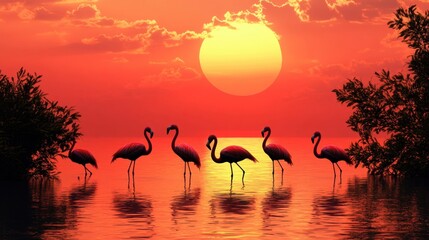 Naklejka premium Flamingos bask in the warm glow of a tropical sunset, their silhouettes enhancing the tranquil waterscape.