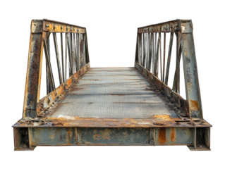 a weathered. rusted metal bridge with a flat surface and triangular supports. suggesting it is an old pedestrian or vehicle crossing its worn appearance indicates it may be in disrepair or rarely used