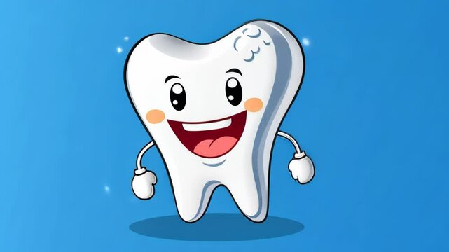 Animated happy tooth character dancing with cheerful expressions on blue background