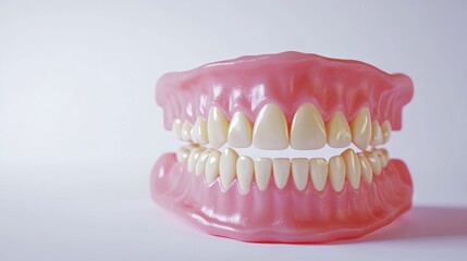 Obraz premium Close-up of perfectly aligned, sparkling white teeth, clean and healthy, with a soft pink gum line on a white background.