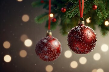 Fototapeta premium Christmas balls hanging on an out of focus background Generative AI