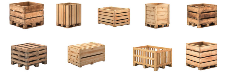 collection of wooden crates in various shapes and sizes. commonly used for storage and transport of goods their rustic appearance suggests a focus on practicality and sustainability in packaging solut
