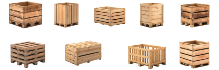 collection of wooden crates in various shapes and sizes. commonly used for storage and transport of goods their rustic appearance suggests a focus on practicality and sustainability in packaging solut