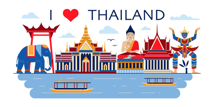 Travel Thailand Scene with Thai Symbols