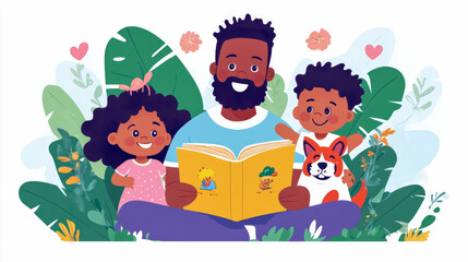 Obraz premium Happy Black Family Reading Book Outdoors: A Father, Daughter, Son, and Pet Dog Enjoying Story Time Amidst Lush Greenery