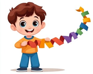 Happy Boy Holding Colorful Ribbon in Playful Style Cartoon
