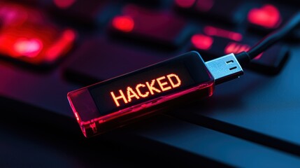 A USB thumbdrive displays the word "HACKED" on its tiny built-in screen, creating a dramatic visual of cybersecurity concerns.