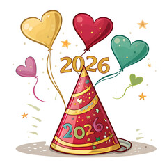 Happy new year card 2026 with party hat and heart shape balloon 