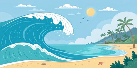 Fototapeta na wymiar A Big Ocean Wave in a Summer Landscape with Sun and Clouds for Vacation Vibes