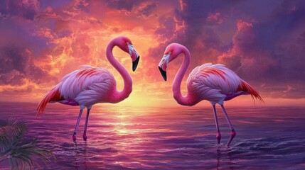 Fototapeta premium Romantic flamingos in a tranquil tropical setting, their vivid pink hues glowing under a fiery sunset.