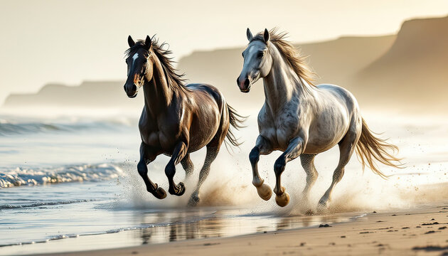 Photorealistic image of two horses running freely along a quiet beach at dawn. The first horse is a powerful black stallion, and the second is a dapple grey mare, both in full strid