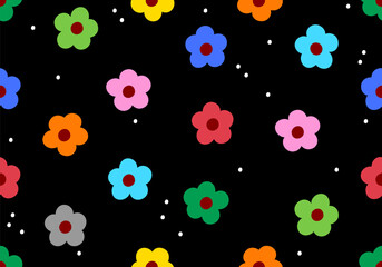 Seamless pattern of spring colorful flower elements. Fun doodle flower texture background pattern with childish style. Design for fabric, cover, wrapping, wallpaper