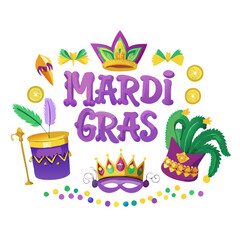 Vibrant Mardi Gras Logo with Festive Mask and Decorations