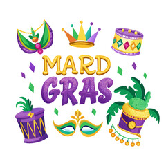Fototapeta premium Vibrant Mardi Gras Logo with Festive Mask and Decorations