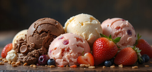  Delicious scoops of homemade ice cream of different flavors and fruits. Chocolate, cream, vanilla, strawberry, fruits of the forest