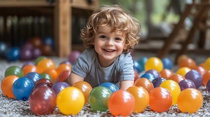 Fototapeta premium Happy Child Playing in Ball Pit: A toddler with joyful eyes and a bright smile lies amidst a sea of vibrant colorful balls. The playful spirit of childhood shines through.