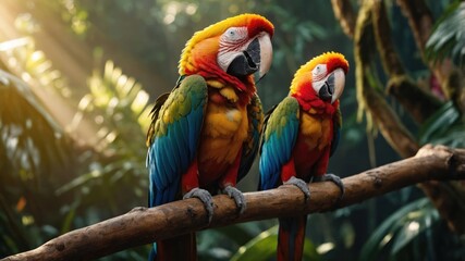 Obraz premium Two colorful macaws perched on a branch in a lush, tropical environment.