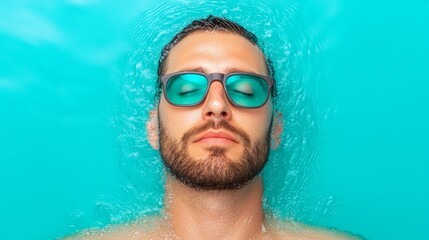 Naklejka premium Man in the Water: A close-up portrait of a man submerged in cool, aqua blue water. He wears stylish sunglasses and looks serenely at the viewer, conveying tranquility and refreshing relaxation.