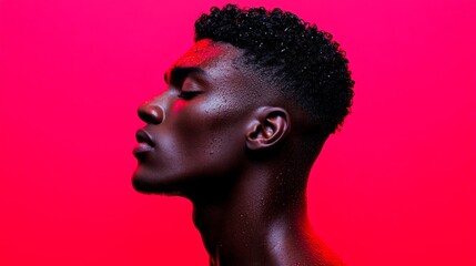 Crimson Serenity: A young Black man with a short, curly hairstyle, his eyes gently closed, is captured in profile against a vibrant crimson backdrop. The dramatic lighting accentuates his features.