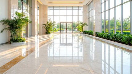 Fototapeta premium Bright and spacious modern office lobby with polished marble floors, large glass windows, and green potted plants during daytime.