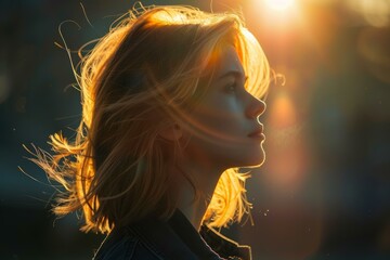 Profile of young woman with blond hair backlit by golden sunset light