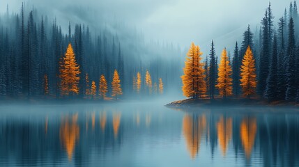 Golden Larch Reflection: A serene landscape unfolds as a cluster of golden larch trees stand majestically on a misty lake shore, their vibrant hues mirroring in the still waters.