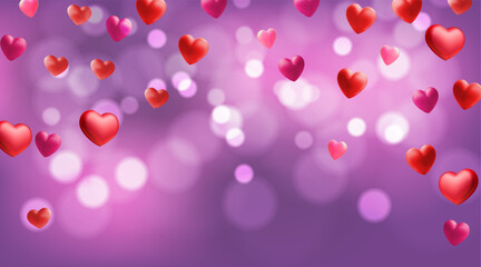 Falling hearts valentine card template. Red hearts scattered on white background. Chaotic falling hearts vector illustration