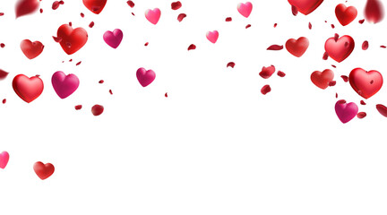Falling hearts valentine card template. Red hearts scattered on white background With rose petals . Chaotic falling hearts vector illustration