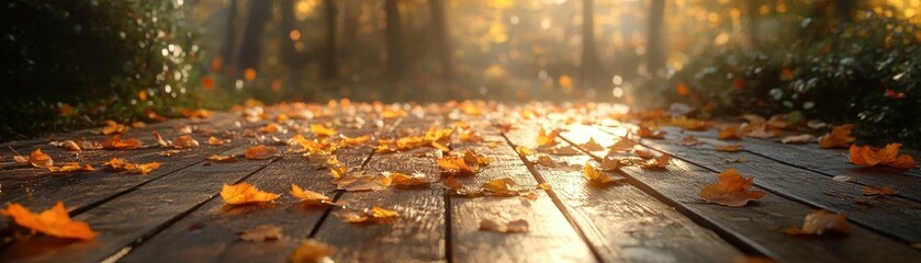 Naklejka premium Sunlit Wooden Pathway Covered with Autumn Leaves in a Serene Forest Setting During Golden Hour