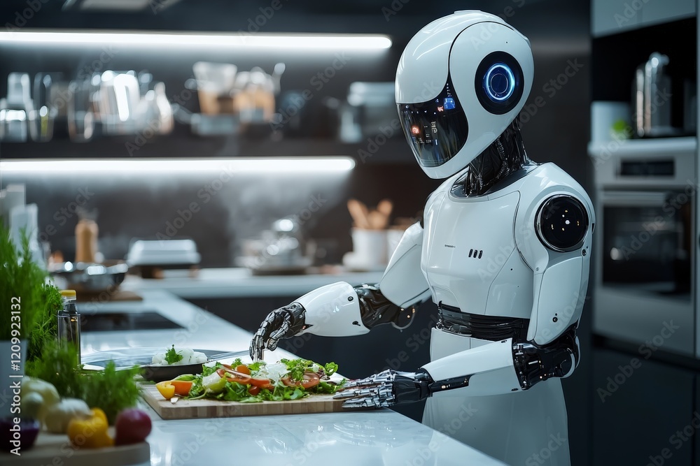 Aufkleber a humanoid robot is efficiently chopping vegetables on a cutting board in a sleek, high-tech kitchen