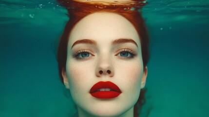 Submerged Beauty: A captivating portrait of a woman with vibrant red hair and striking blue eyes, her face partially submerged in turquoise water, creating a mesmerizing underwater scene.