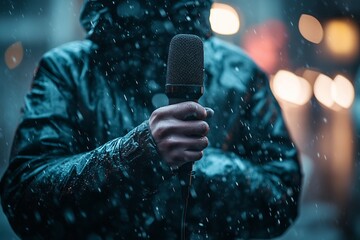 A journalist stands outdoors in heavy rain, firmly holding a microphone. The weather creates a dramatic backdrop as the reporter prepares to share important news during a tense situation