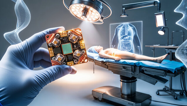 hand holds a chip against the background of an operating table