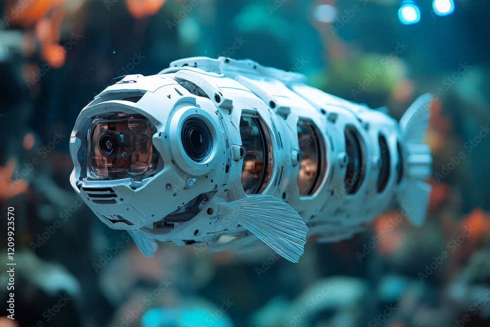 Poster a sleek white robotic fish is swimming through the colorful underwater environment, showcasing advan