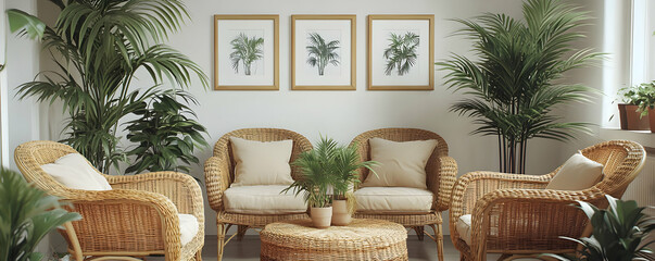 Obraz premium Rattan chairs, plants, art; sunlit room