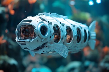 A sleek white robotic fish is swimming through the colorful underwater environment, showcasing advanced technology with a futuristic and innovative design structure.