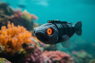 A dark robotic fish with a distinctive glowing red eye navigates through vibrant coral reefs, highlighting advanced engineering and aquatic exploration technology.