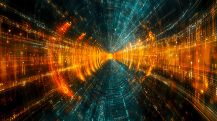 Fototapeta premium Cyber Big Data Flow and Blockchain Data Fields Network Connections, Streaming, and the Integration of AI Technology, Digital Communication, and Scientific Research with 3D Illustrations of Music Waves