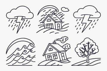 Hand-Drawn Disaster Illustration Set: Contour Sketches of Natural Calamities like Sandstorms, Droughts, and Heavy Rain