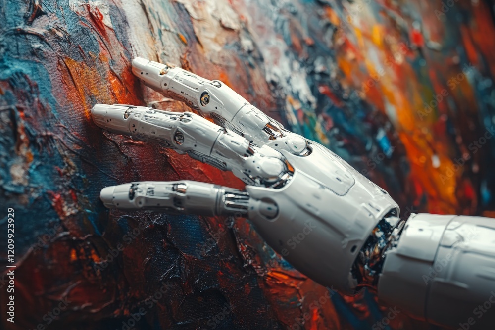 Leinwandbilder a metallic, articulated robotic hand expertly applies paint onto a canvas, creating a vivid and ener