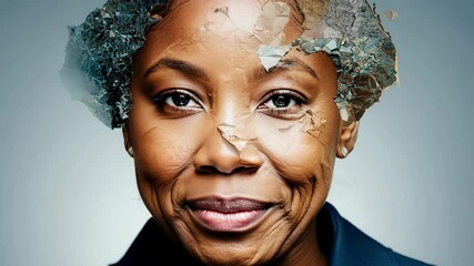 A young African woman gradually ages into an elderly version of herself, showcasing the passage of time and the beauty of life through a creative timelapse.