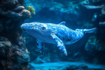 Naklejka premium An awe-inspiring depiction of a blue whale swimming sleekly through the clear ocean, surrounded by coral reefs, capturing the tranquility and majesty of marine life.
