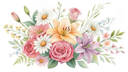 A Delicate Watercolor Painting of a Lovely Floral Arrangement Featuring Lilies, Roses, and Daisies