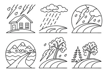 Naklejka premium Hand-Drawn Disaster Illustration Set: Contour Sketches of Natural Calamities like Sandstorms, Droughts, and Heavy Rain