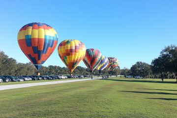 Fototapeta premium A series of multiple colorful hot air balloons are tethered and ready for lift-off in a wide, open field with a line of cars in the background under clear blue skies.